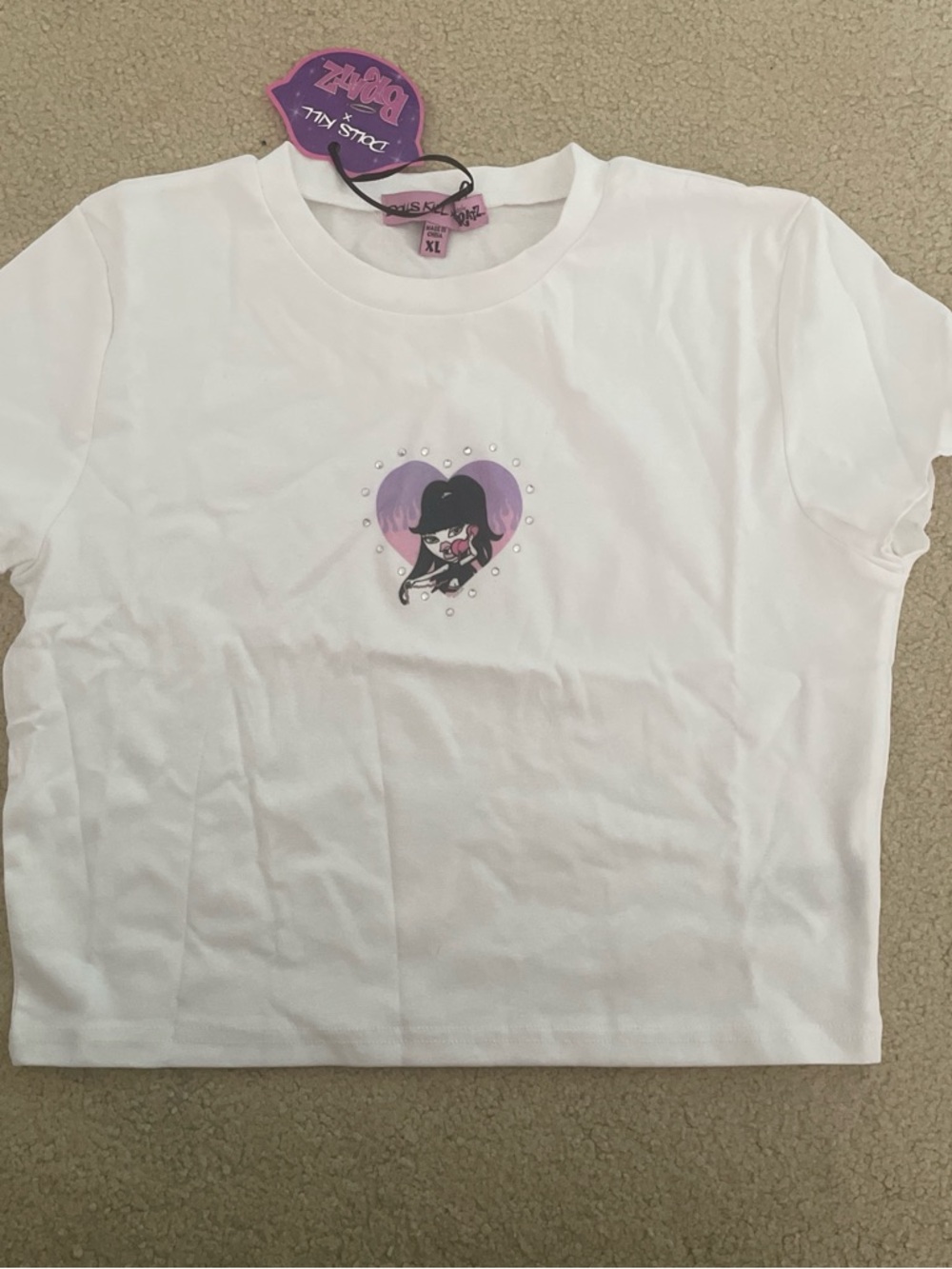 Dolls Kill White Tee with Purple Heart Graphic